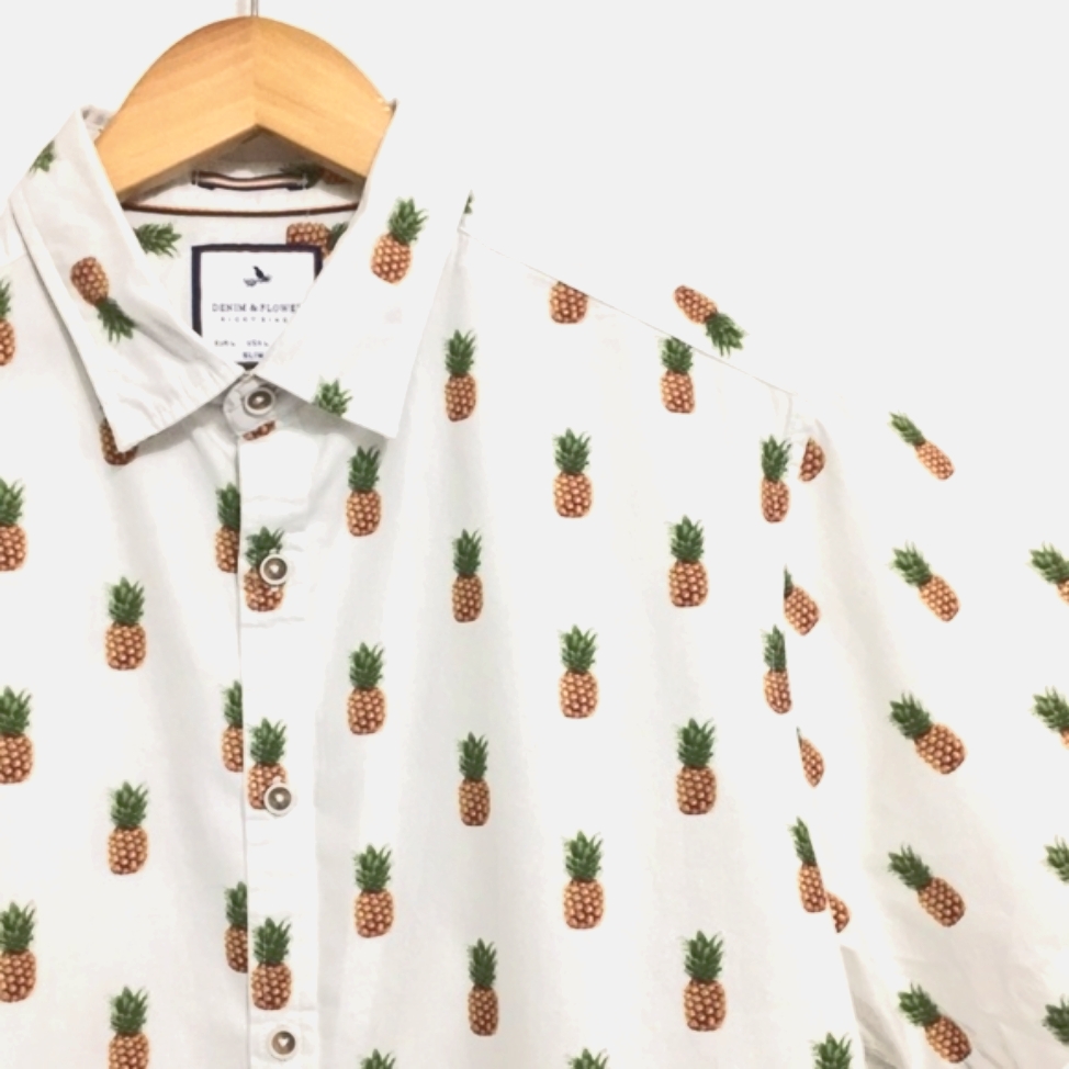 Denim & Flower Pineapple Print Short Sleeve Slim Fit Shirt Mens Large